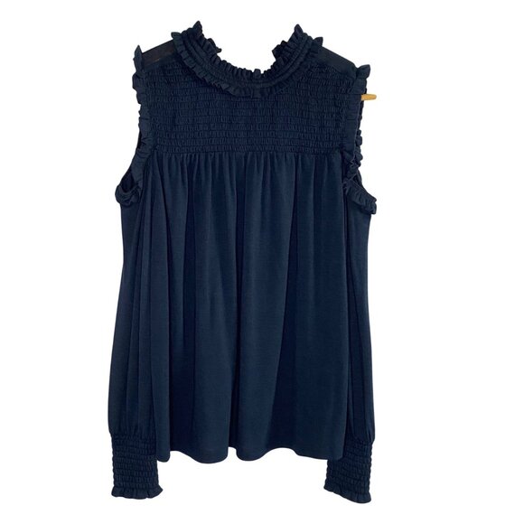 LOFT Dark Navy Ruffle Detail Cold Shoulder Mock Neck Top - Picture 2 of 10